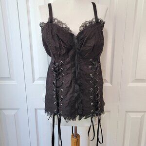 TRIPP NYC Hot Topic Skull Embroidery Zip-Up Black Ruffle Lace Corset Top sz XL